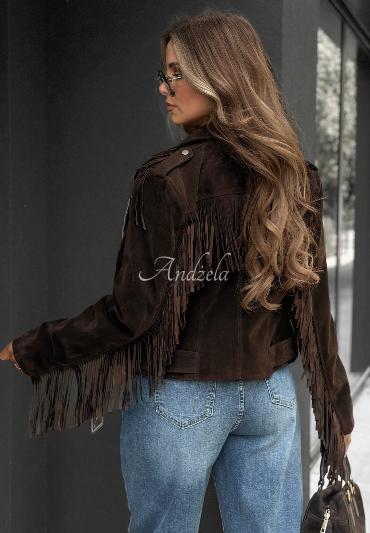 Wildleder-Bikerjacke mit Fransen Cloudy Days Schokoladenbraun