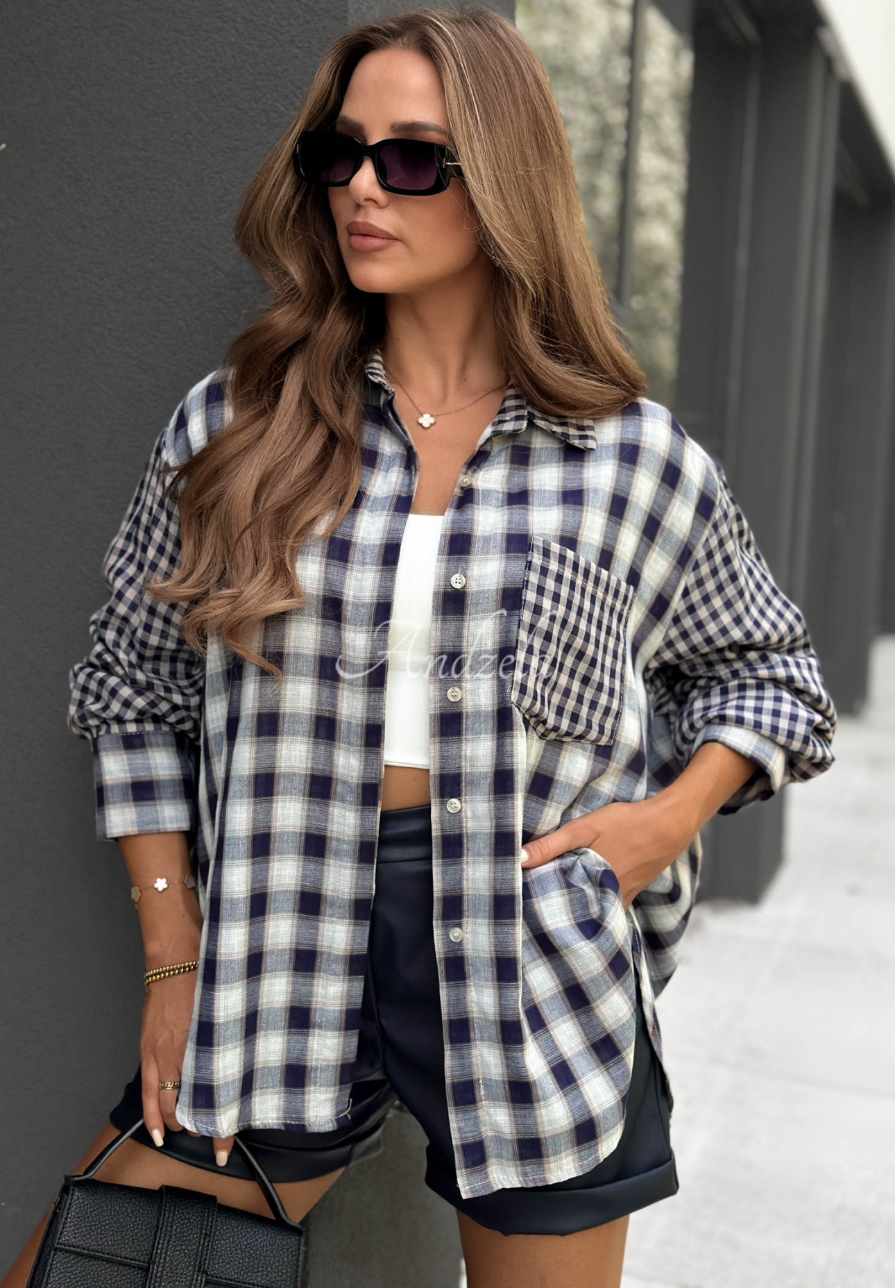 Langes, asymmetrisches kariertes Hemd aus Baumwolle Autumn Check Dunkelblau