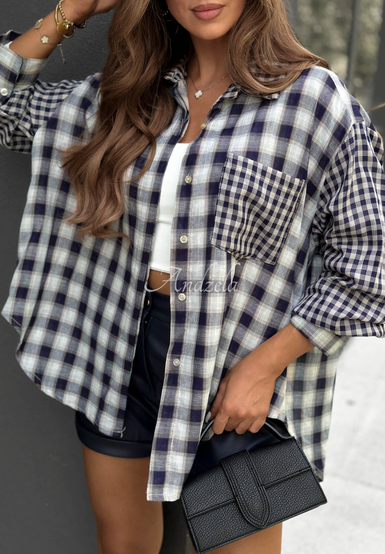 Langes, asymmetrisches kariertes Hemd aus Baumwolle Autumn Check Dunkelblau