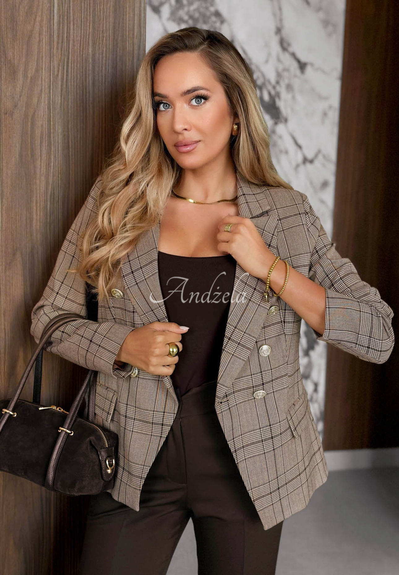 Zweireihiger Blazer aus Viskose mit kariertem Muster Soft Edition Mokkafarben