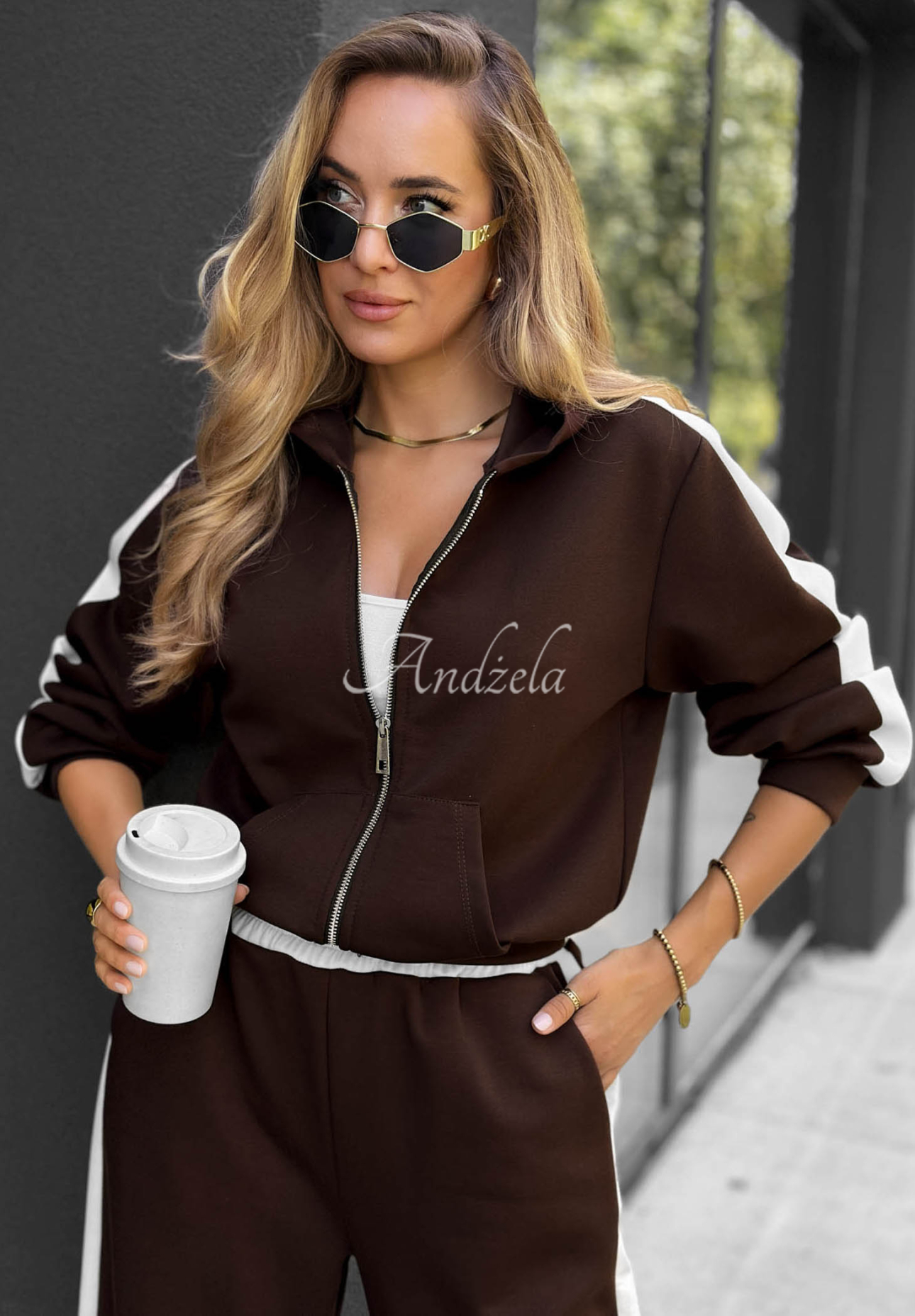 Trainingsanzug Sweatshirt und Hose mit Streifen Lazy Sunday Schokoladenbraun