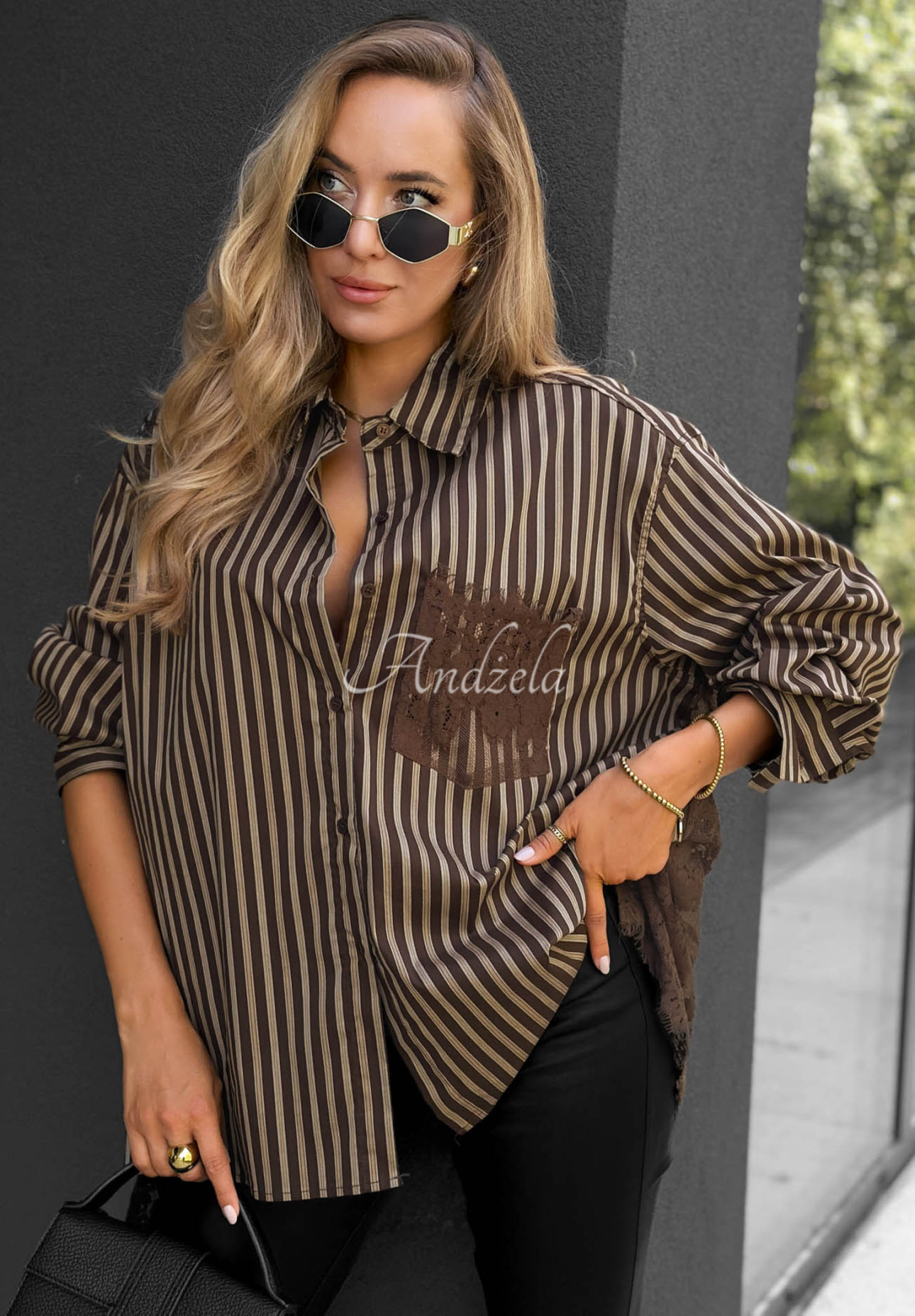 Oversize-Baumwollhemd mit Streifen Stripe Charm beige-schokoladenbraun