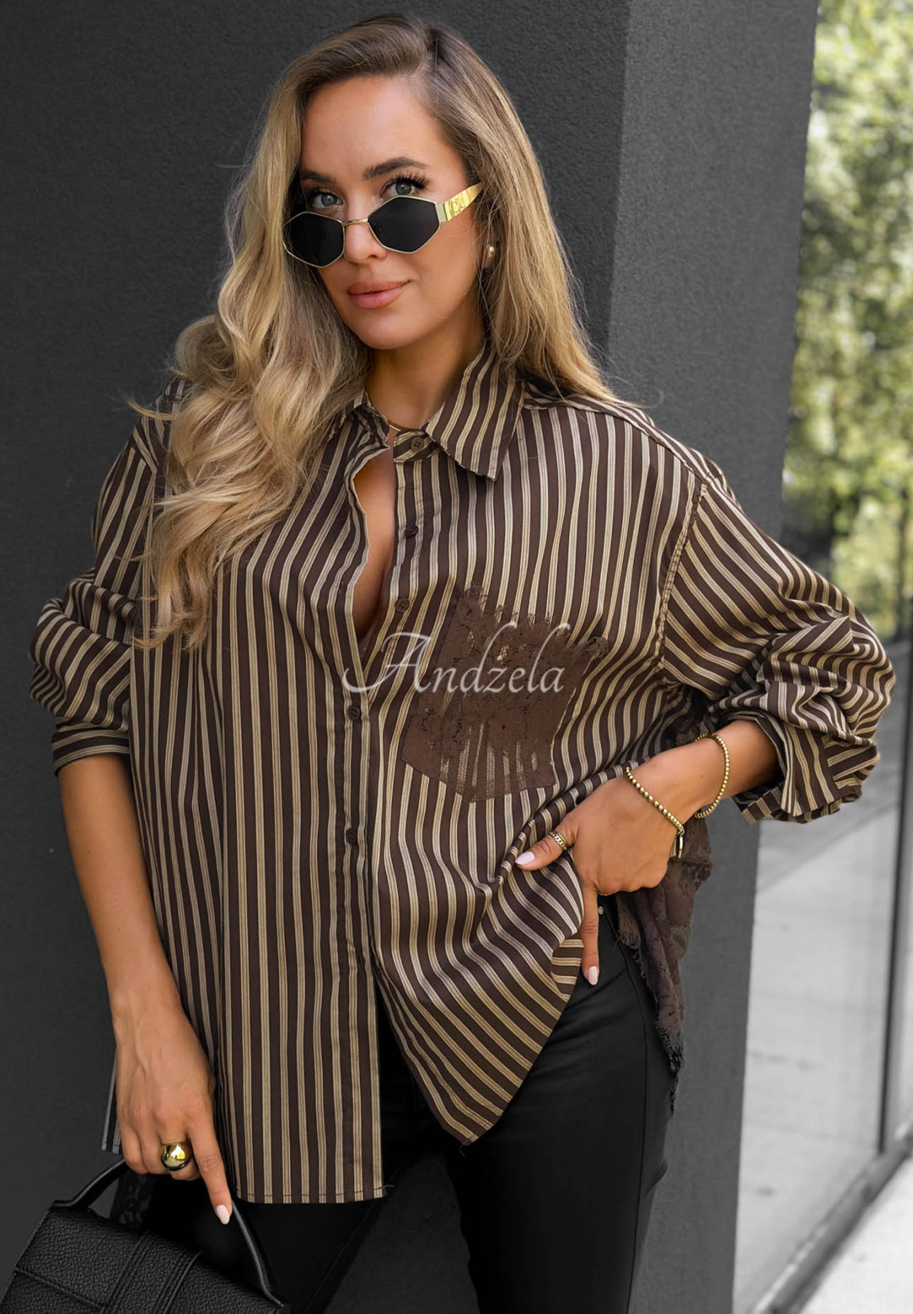 Oversize-Baumwollhemd mit Streifen Stripe Charm beige-schokoladenbraun