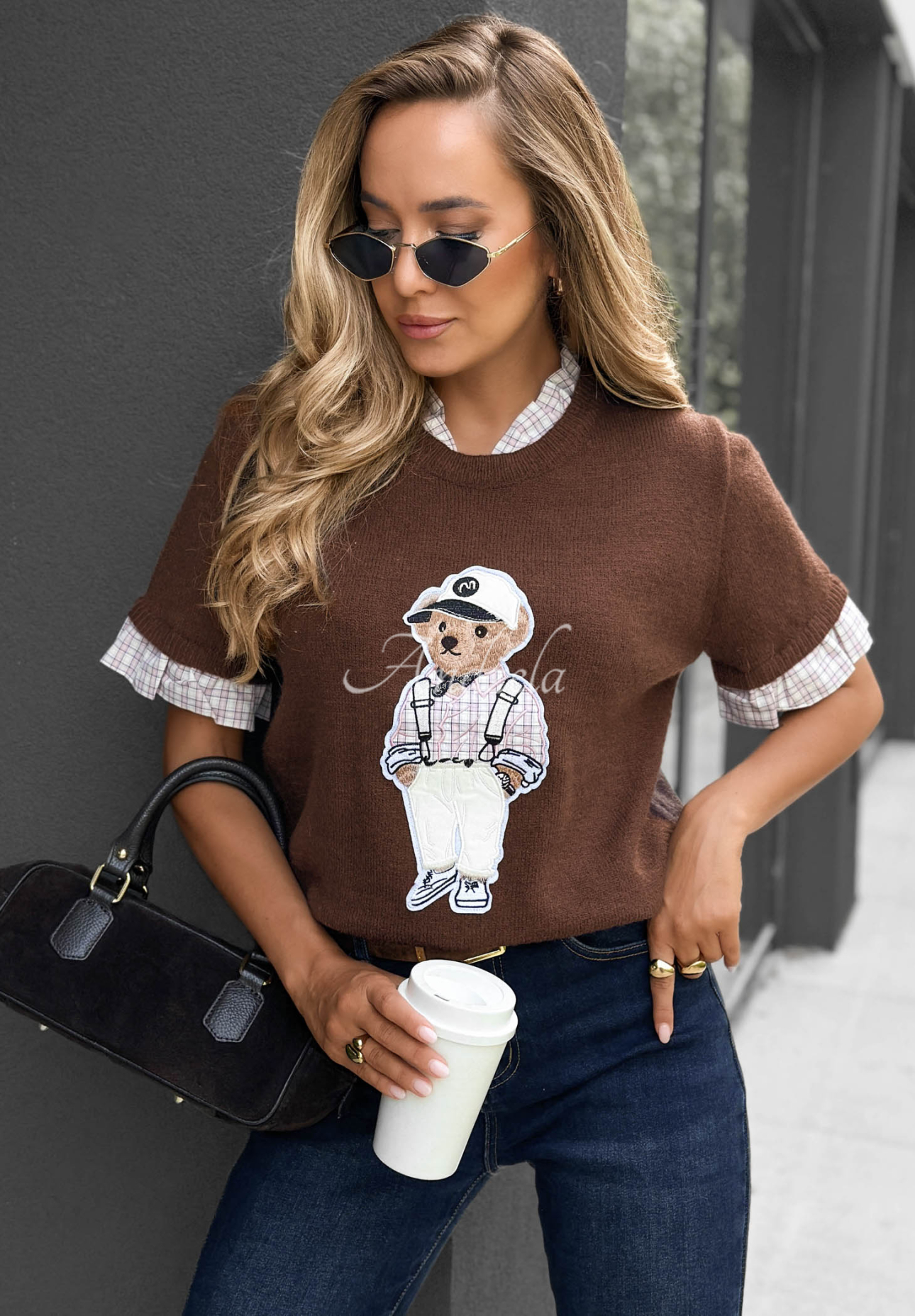 Kurzärmeliger Viskosepullover mit Teddybär Little Teddy Schokoladenbraun