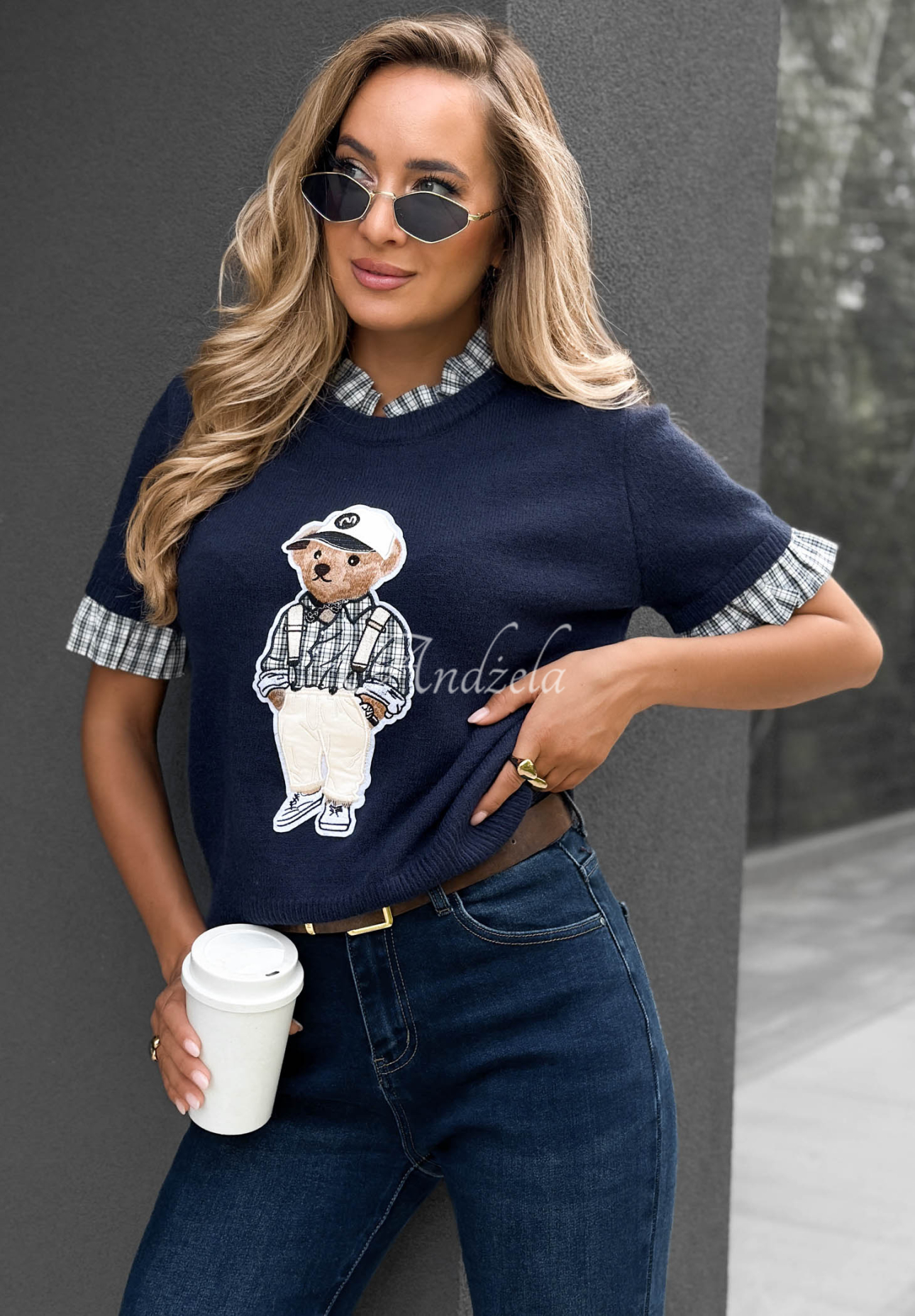 Kurzärmeliger Viskosepullover mit Teddybär Little Teddy Dunkelblau