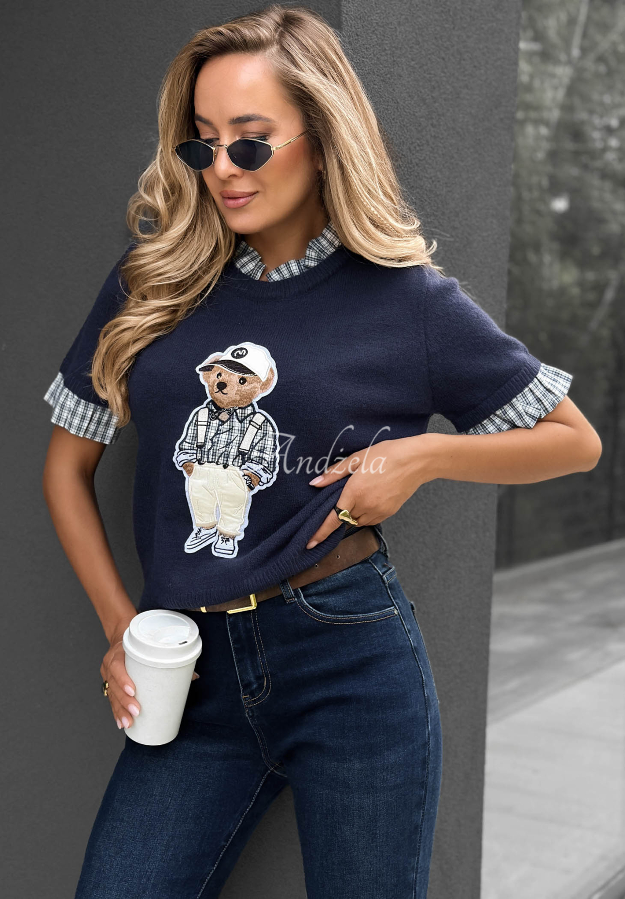 Kurzärmeliger Viskosepullover mit Teddybär Little Teddy Dunkelblau