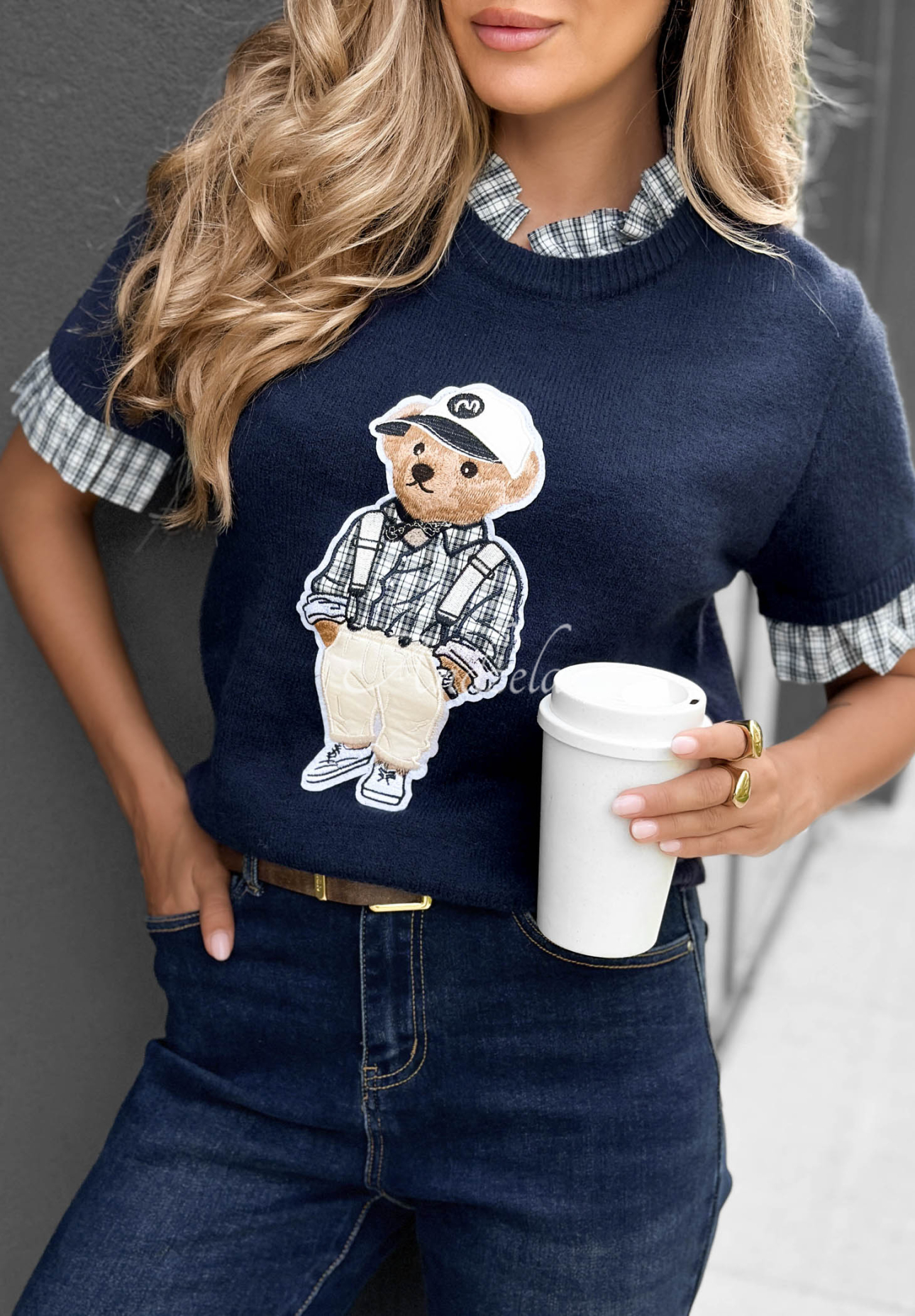 Kurzärmeliger Viskosepullover mit Teddybär Little Teddy Dunkelblau