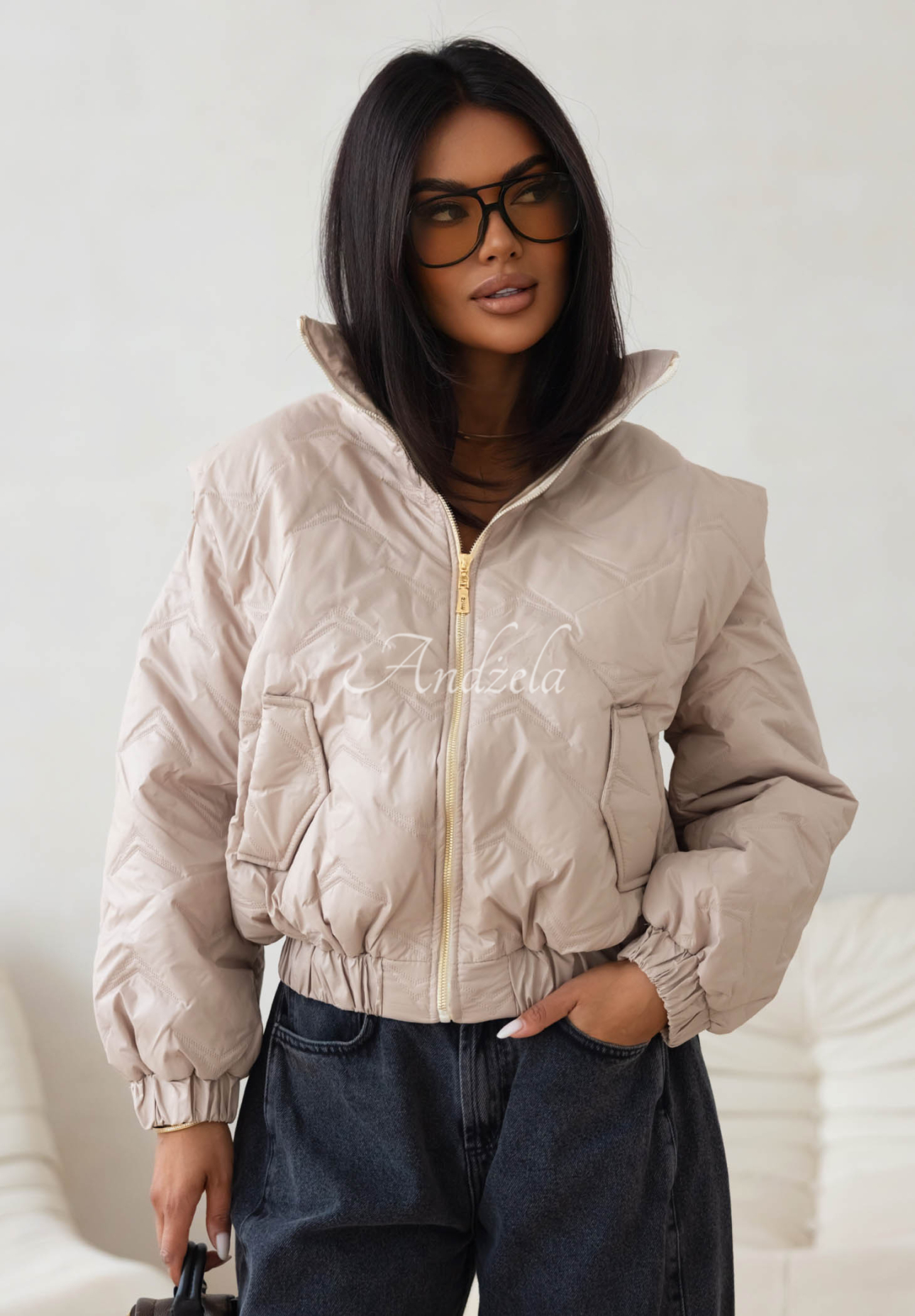 Kurze, gesteppte Bomberjacke Drizzle Days Beige