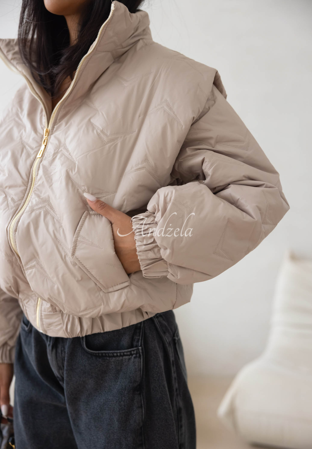Kurze, gesteppte Bomberjacke Drizzle Days Beige