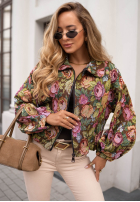 Krótka żakardowa Jacke bomberka w kwiaty Autumn Select Schokoladenbraun