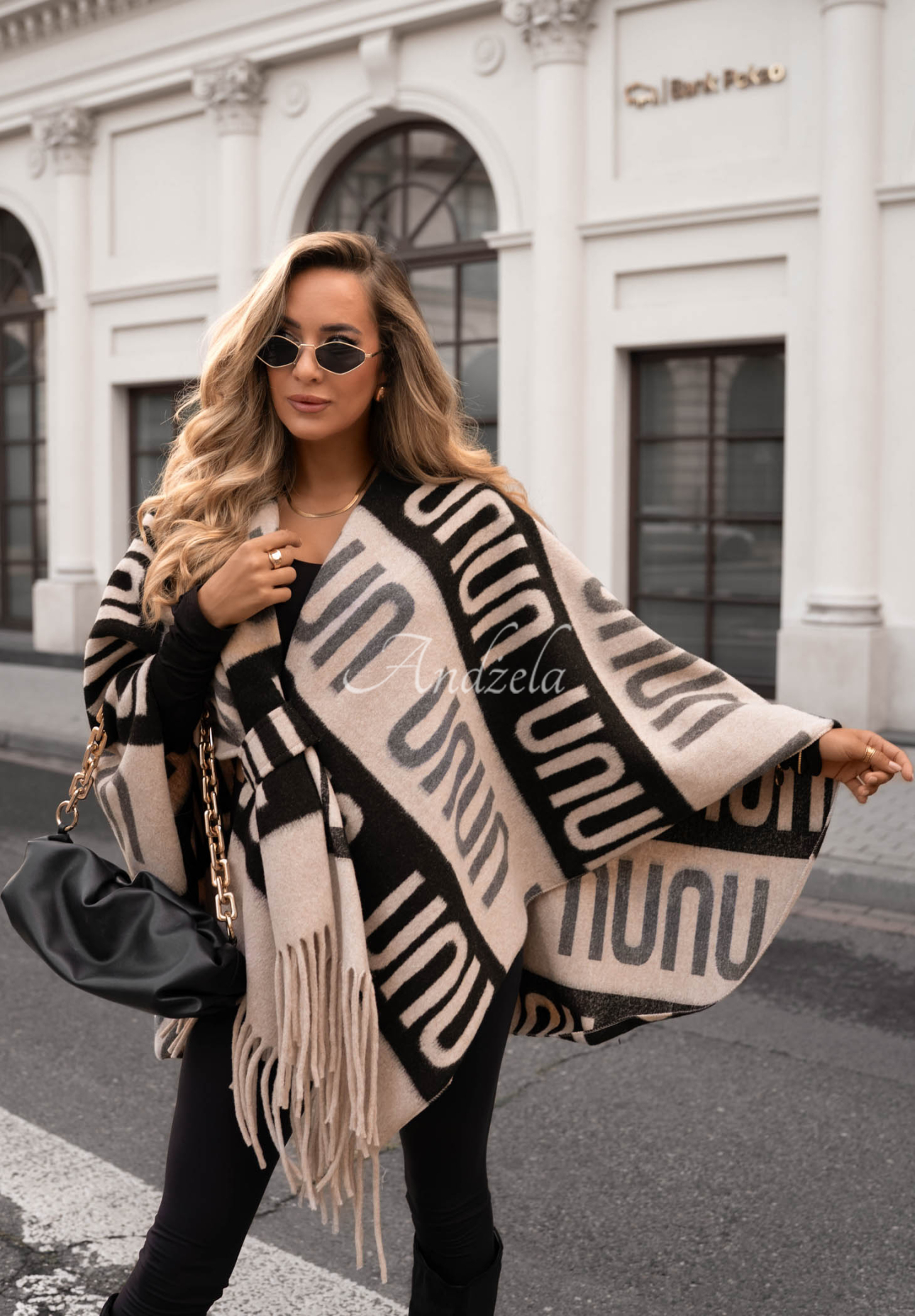 Gemusterter Poncho-Schal mit Wolle No Reply Beige-Schwarz