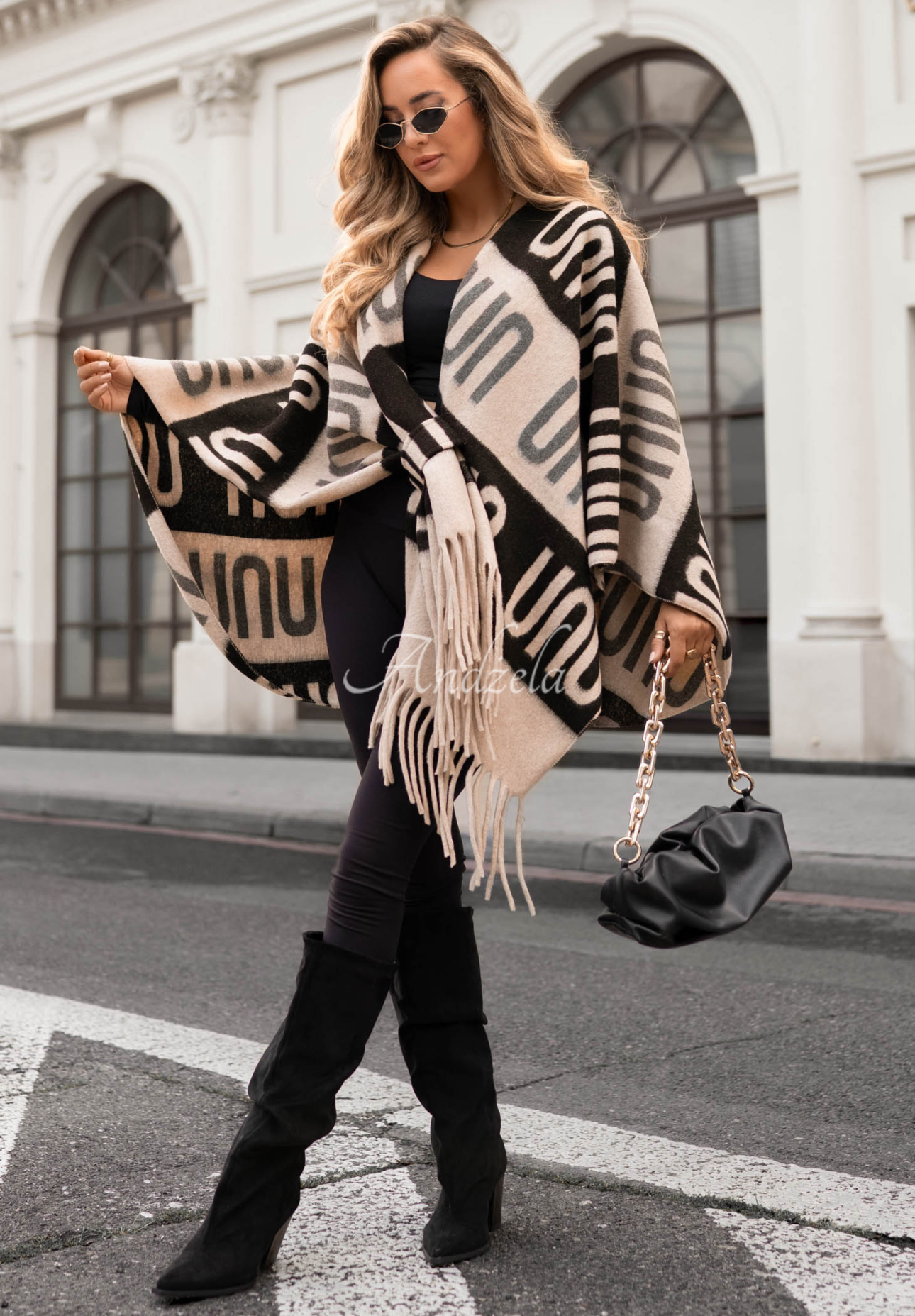 Gemusterter Poncho-Schal mit Wolle No Reply Beige-Schwarz
