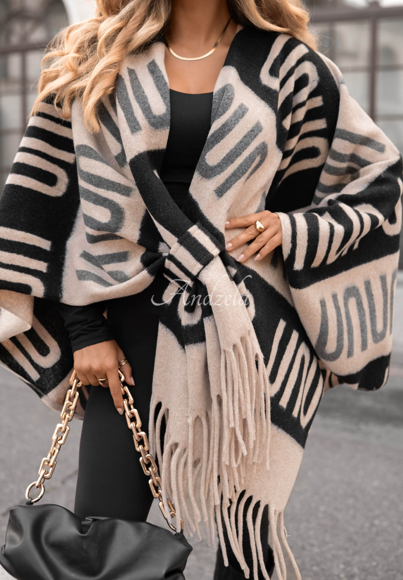 Gemusterter Poncho-Schal mit Wolle No Reply Beige-Schwarz