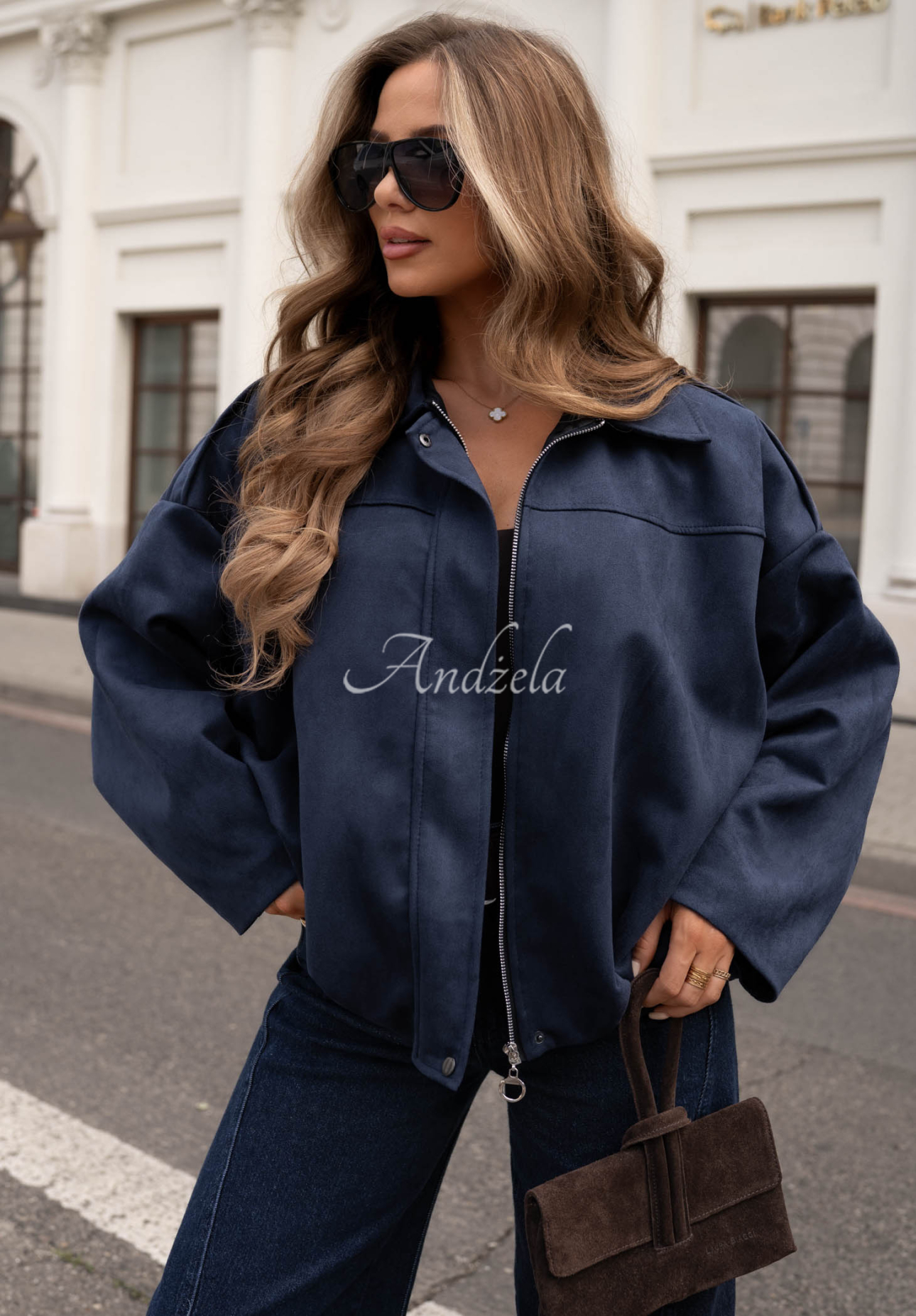 Wildleder-Bomberjacke oversize Early Season Dunkelblau