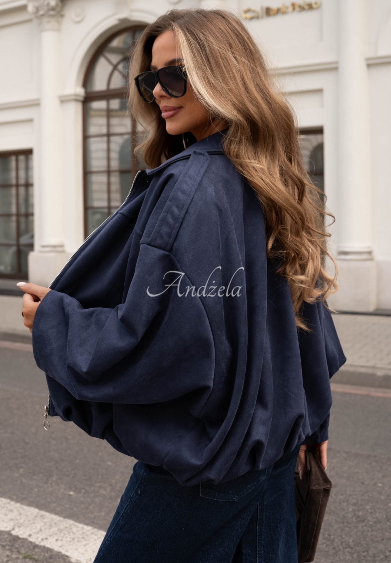 Wildleder-Bomberjacke oversize Early Season Dunkelblau