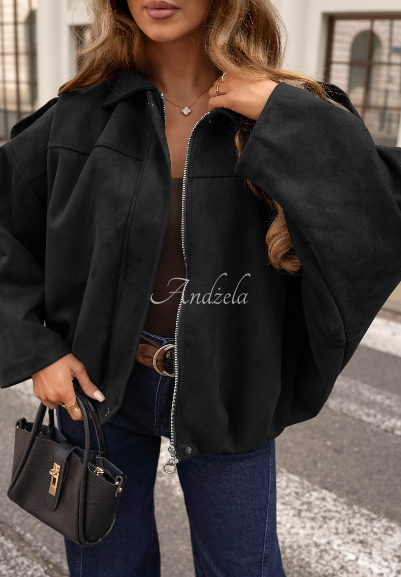 Wildleder-Bomberjacke oversize Early Season Schwarz