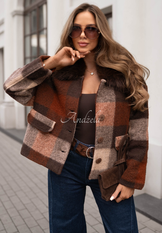 Kurzer karierter Mantel mit Wolle und Fellimitat Autumn Mood schokoladenbraun-grau