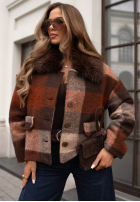 Krótki Mantel w kratę z futerkiem Autumn Mood czekoladowo-Grau