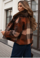 Krótki Mantel w kratę z futerkiem Autumn Mood czekoladowo-Grau