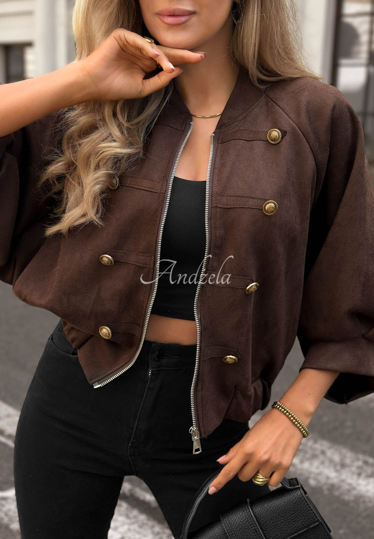 Wildlederjacke im Napoleon-Stil Elegant Force Schokoladenbraun
