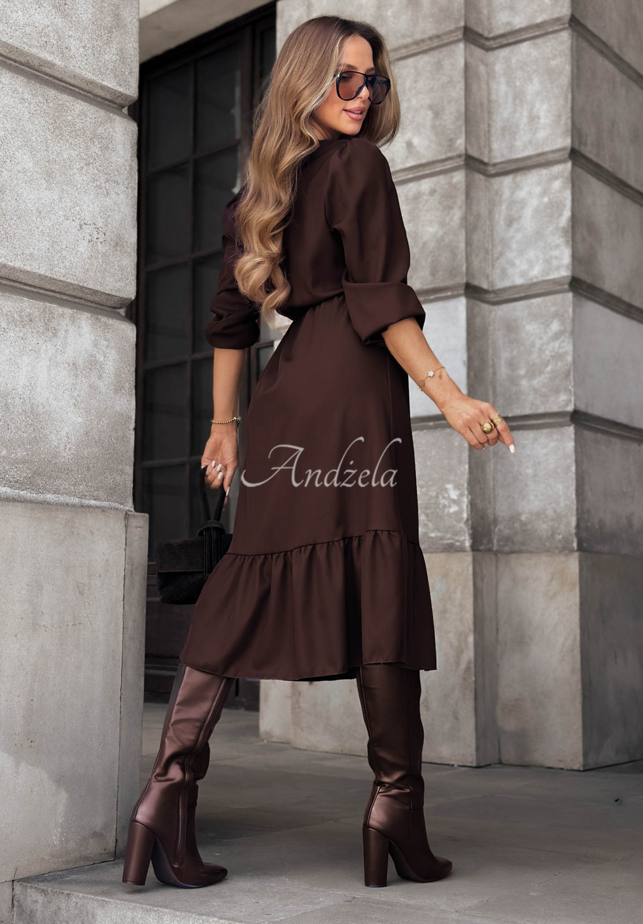 Midi-Kleid aus Viskose mit Rüschen True Elegance Schokoladenbraun
