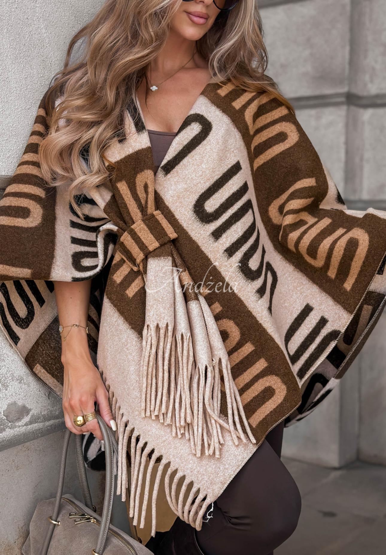 Gemusterter Poncho-Schal mit Wolle No Reply Beige-Schokoladenbraun
