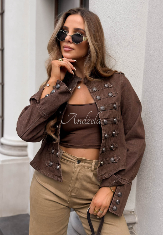 Kurze Jeansjacke im Napoleon-Stil mit Kn&ouml;pfen Amber Tea Schokoladenbraun