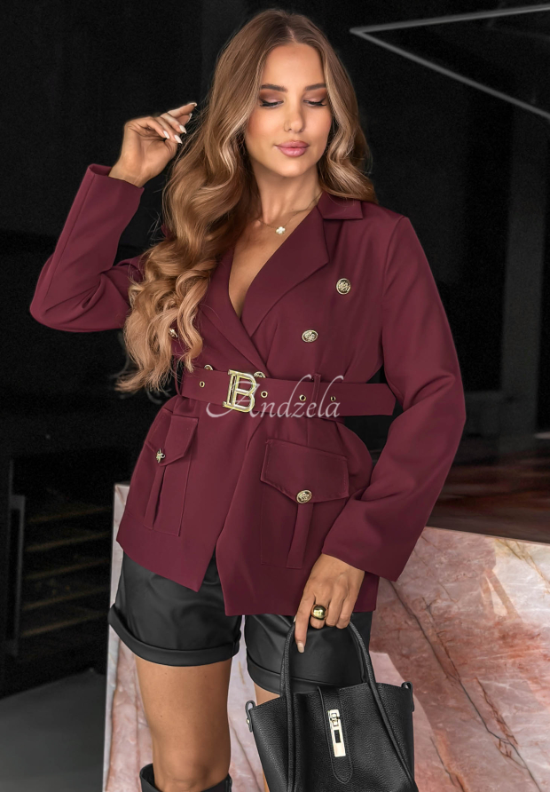 Eleganter Blazer mit G&uuml;rtel Coffee Date Burgunderrot