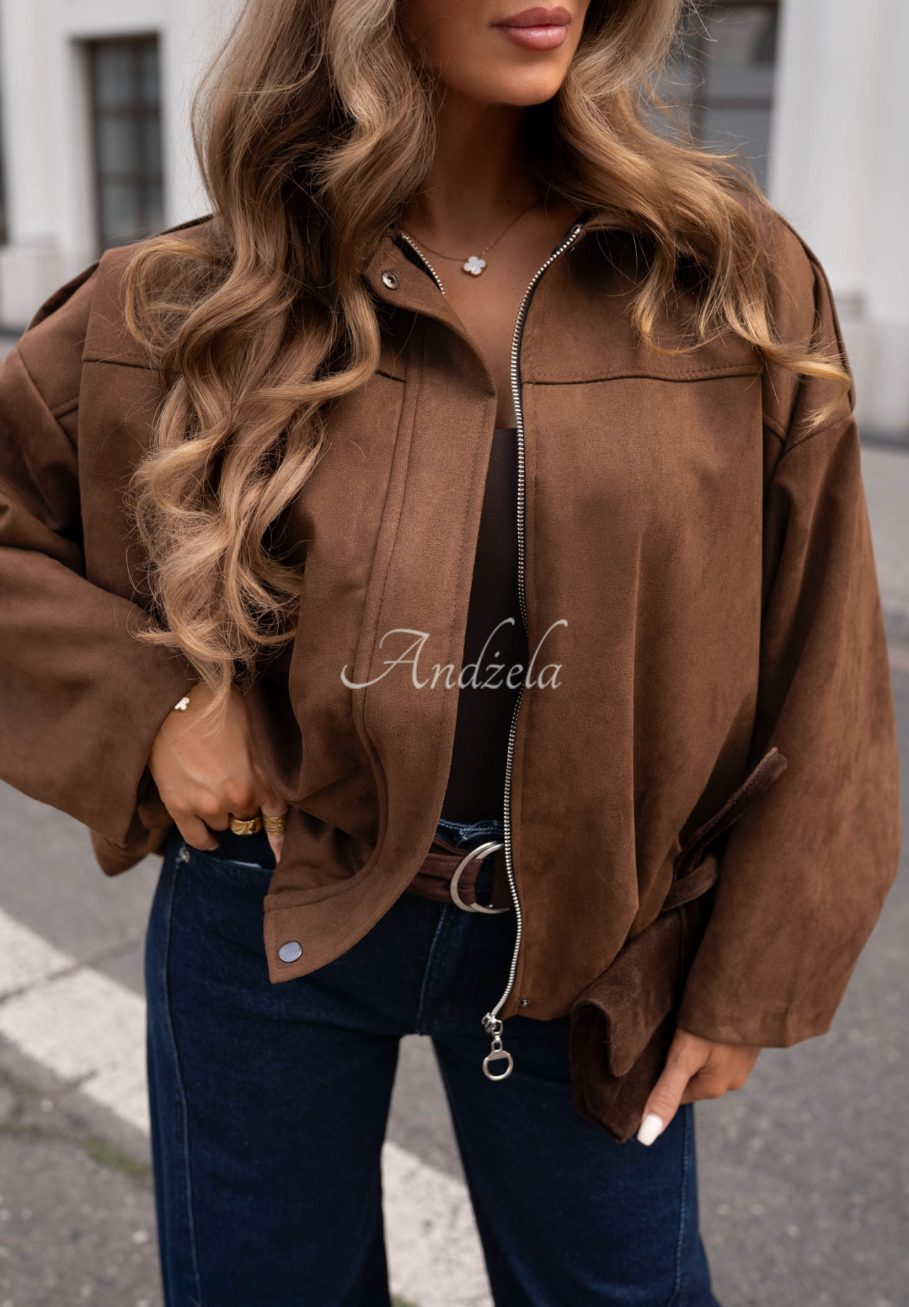 Wildleder-Bomberjacke oversize Early Season Schokoladenbraun