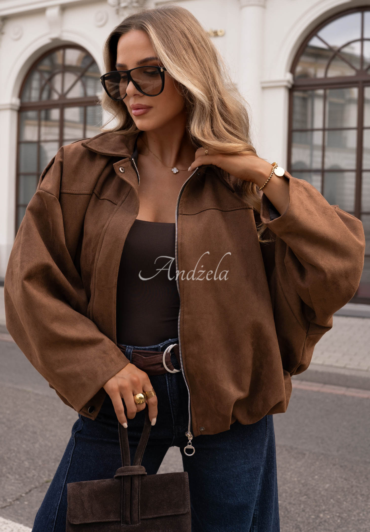 Wildleder-Bomberjacke oversize Early Season Schokoladenbraun
