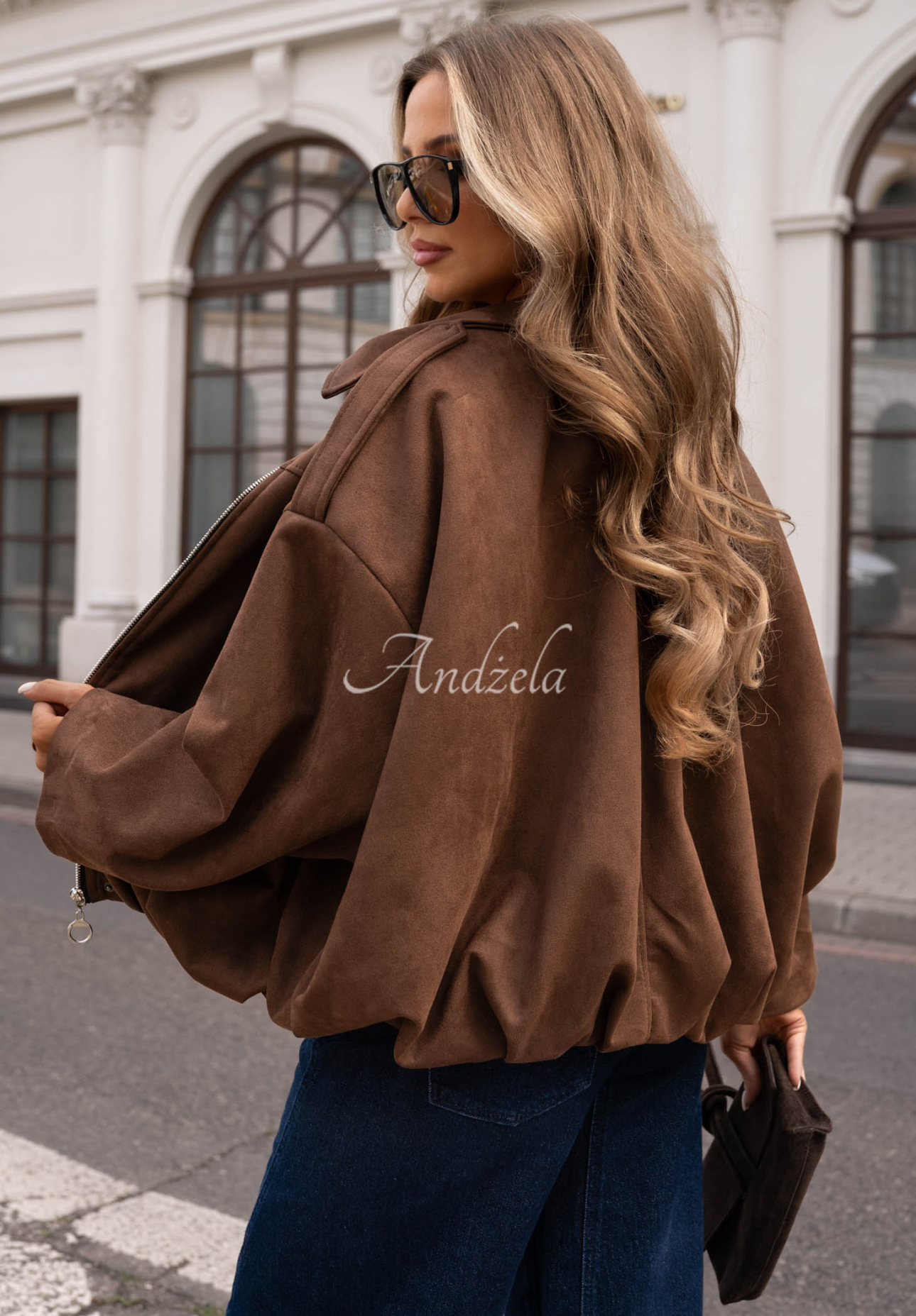 Wildleder-Bomberjacke oversize Early Season Schokoladenbraun