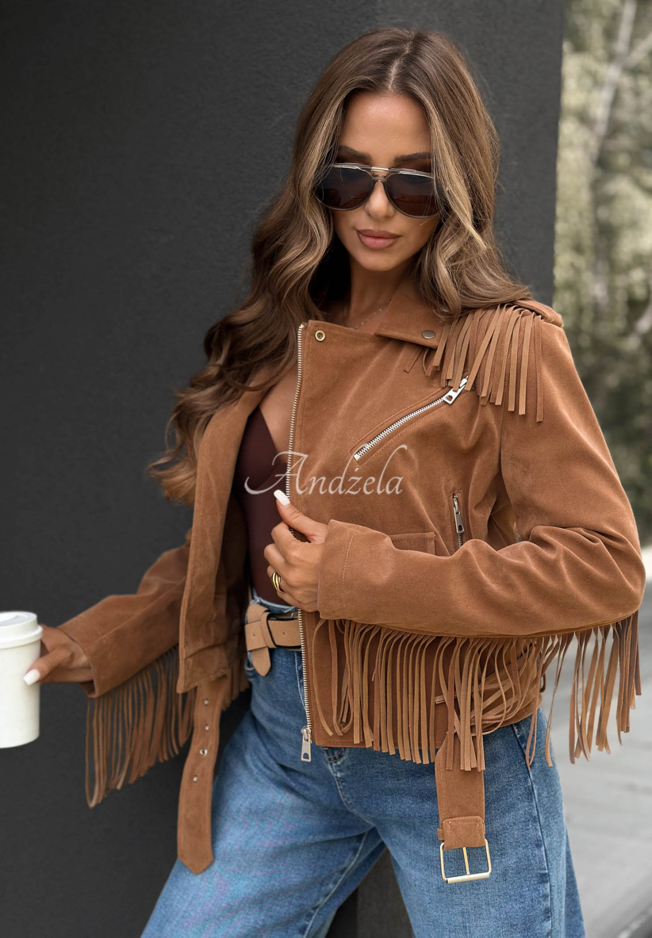 Wildleder-Bikerjacke mit Fransen Cloudy Days Camel