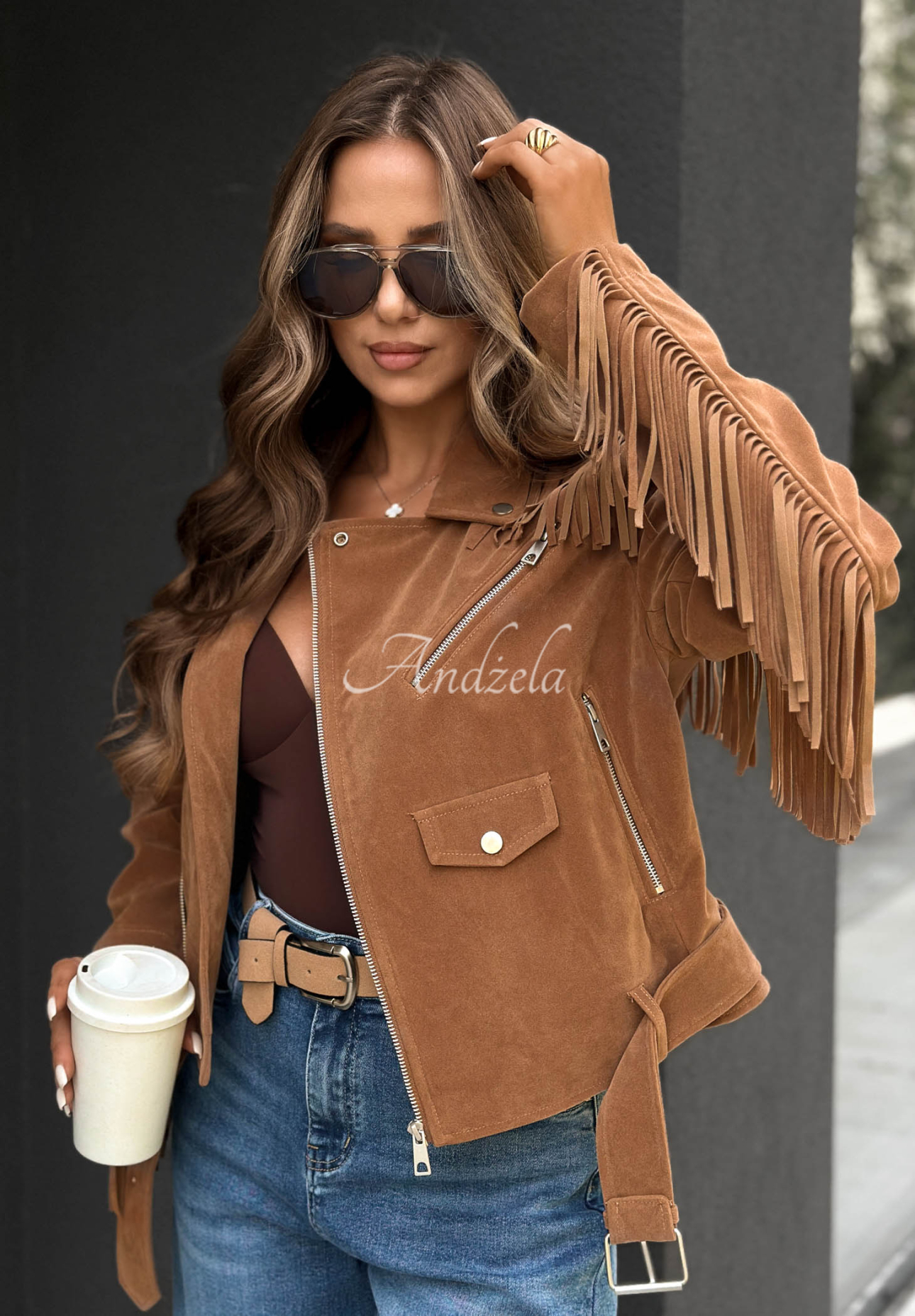 Wildleder-Bikerjacke mit Fransen Cloudy Days Camel