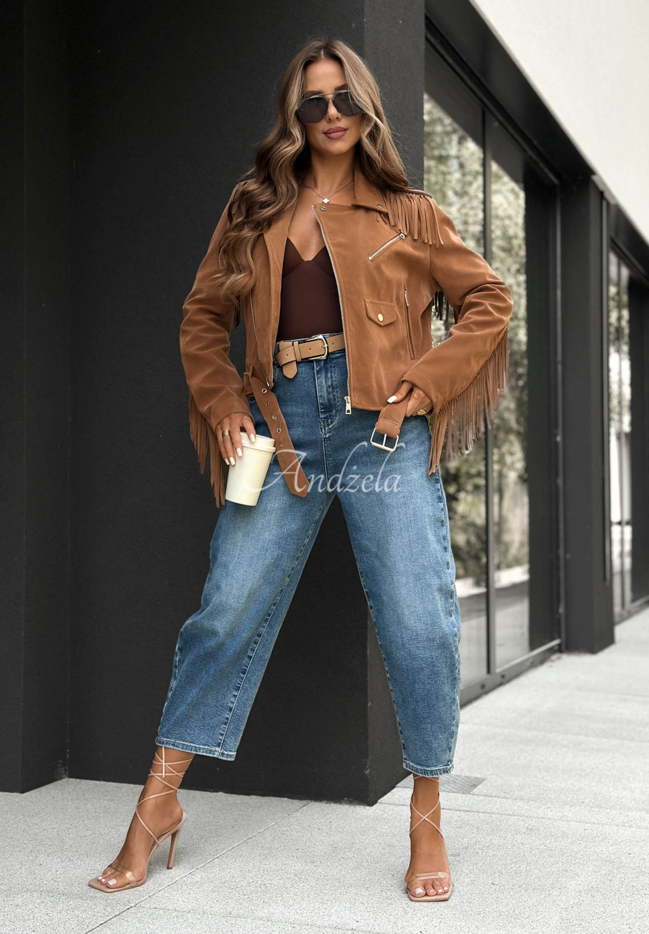 Wildleder-Bikerjacke mit Fransen Cloudy Days Camel