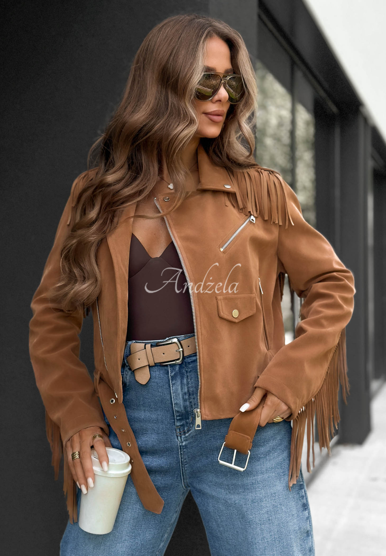 Wildleder-Bikerjacke mit Fransen Cloudy Days Camel