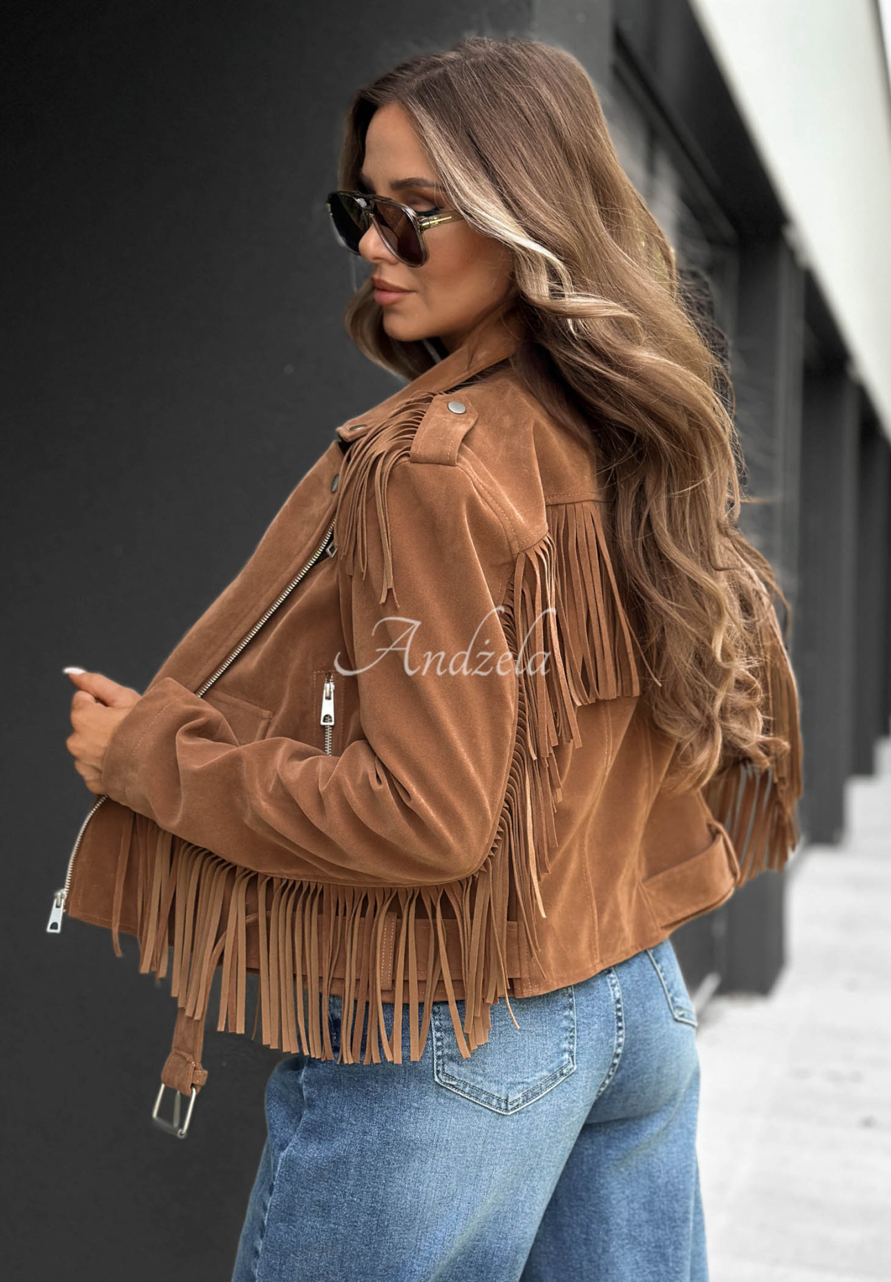 Wildleder-Bikerjacke mit Fransen Cloudy Days Camel