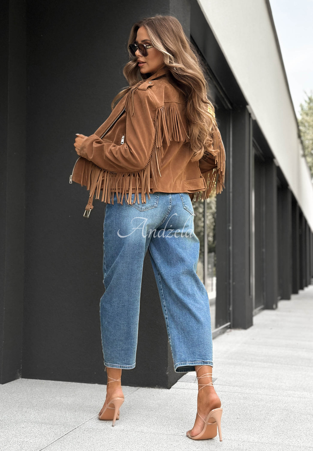 Wildleder-Bikerjacke mit Fransen Cloudy Days Camel