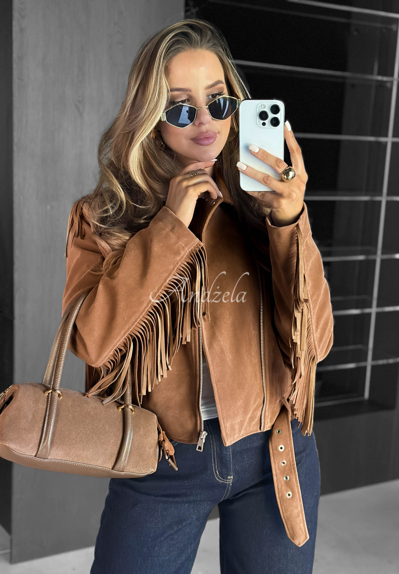 Wildleder-Bikerjacke mit Fransen Cloudy Days Camel