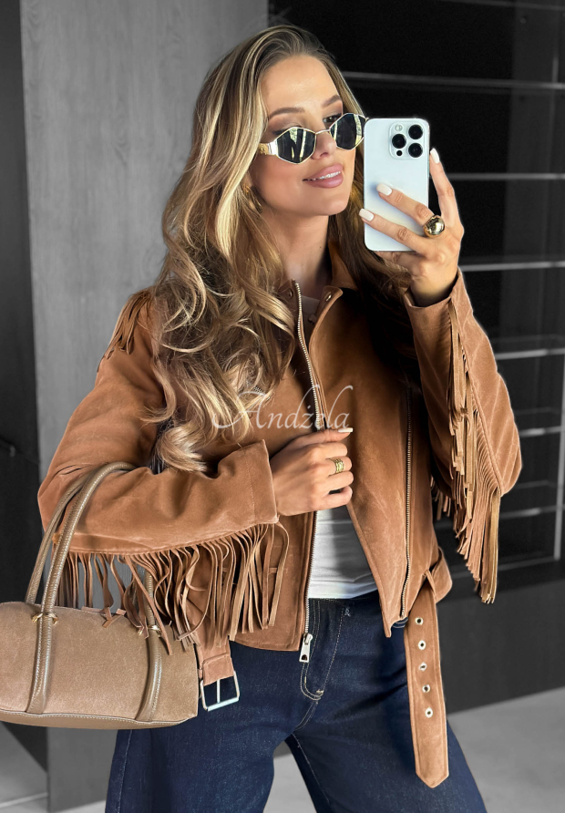 Wildleder-Bikerjacke mit Fransen Cloudy Days Camel