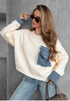 Pullover z denimowymi wstawkami Closer Now Vanillefarben