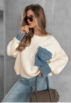 Pullover z denimowymi wstawkami Closer Now Vanillefarben