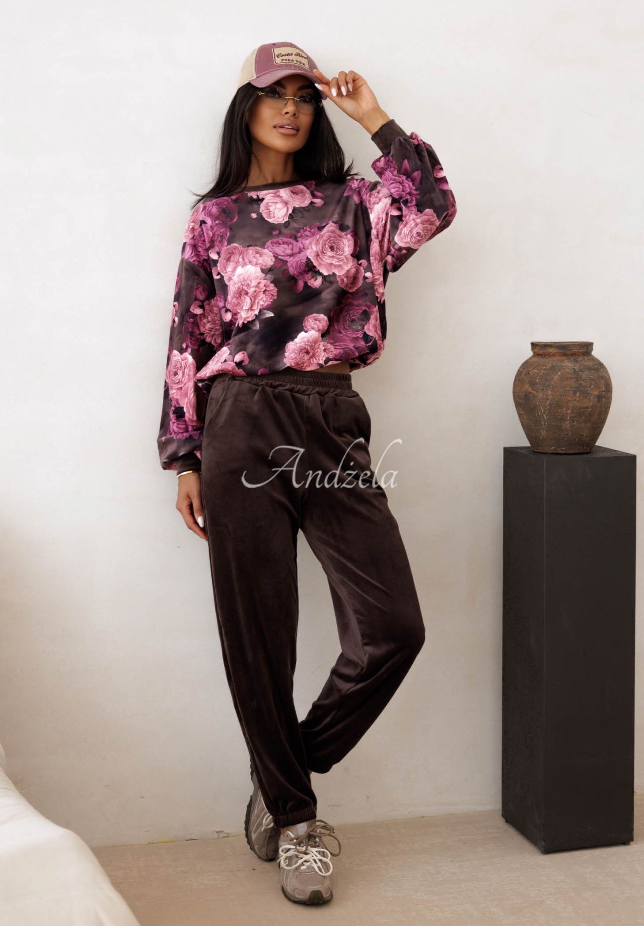Velours-Trainingsanzug aus Baumwolle mit Blumenmuster Floral Kiss Schokoladenbraun