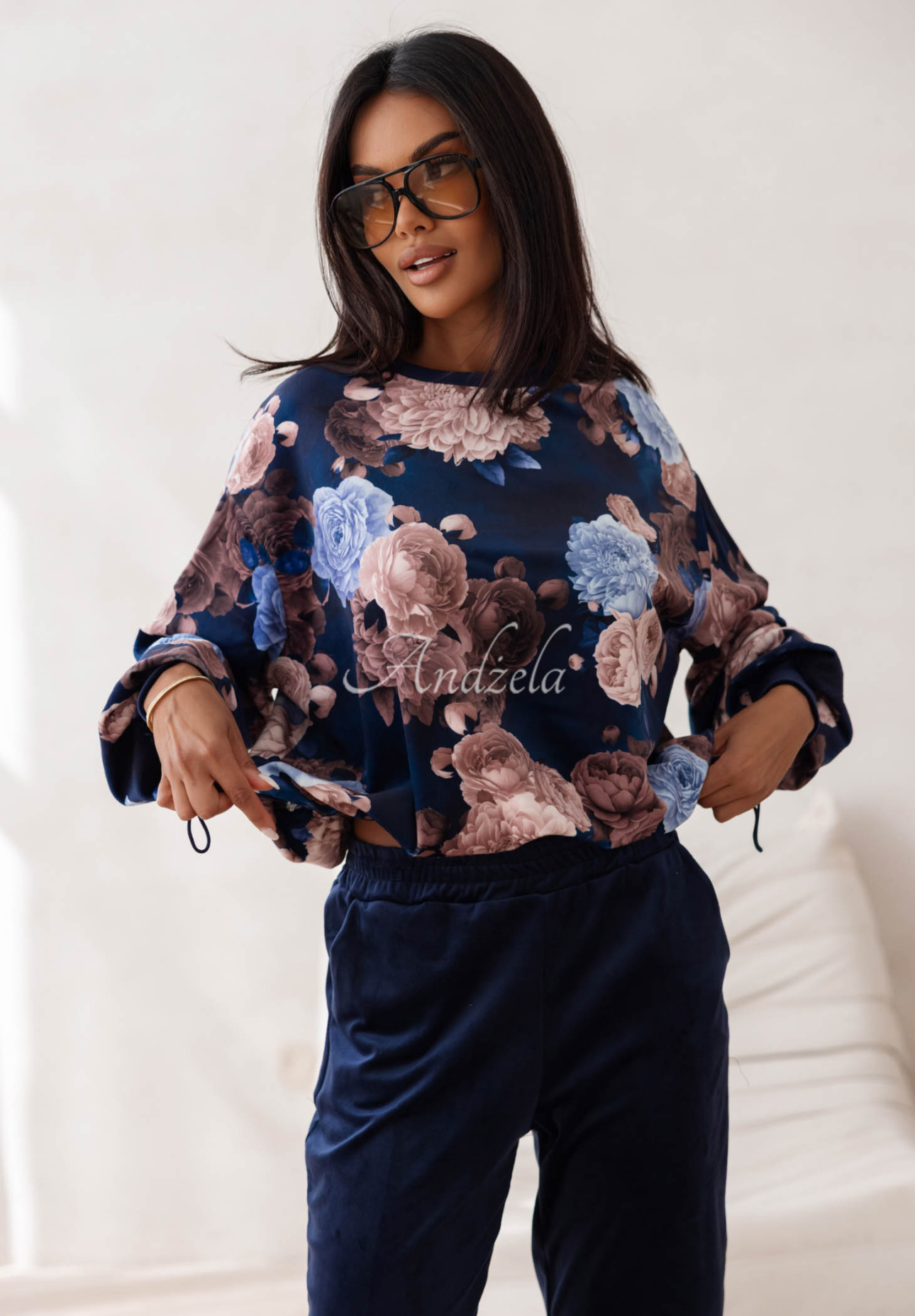 Velours-Trainingsanzug aus Baumwolle mit Blumenmuster Floral Kiss Dunkelblau