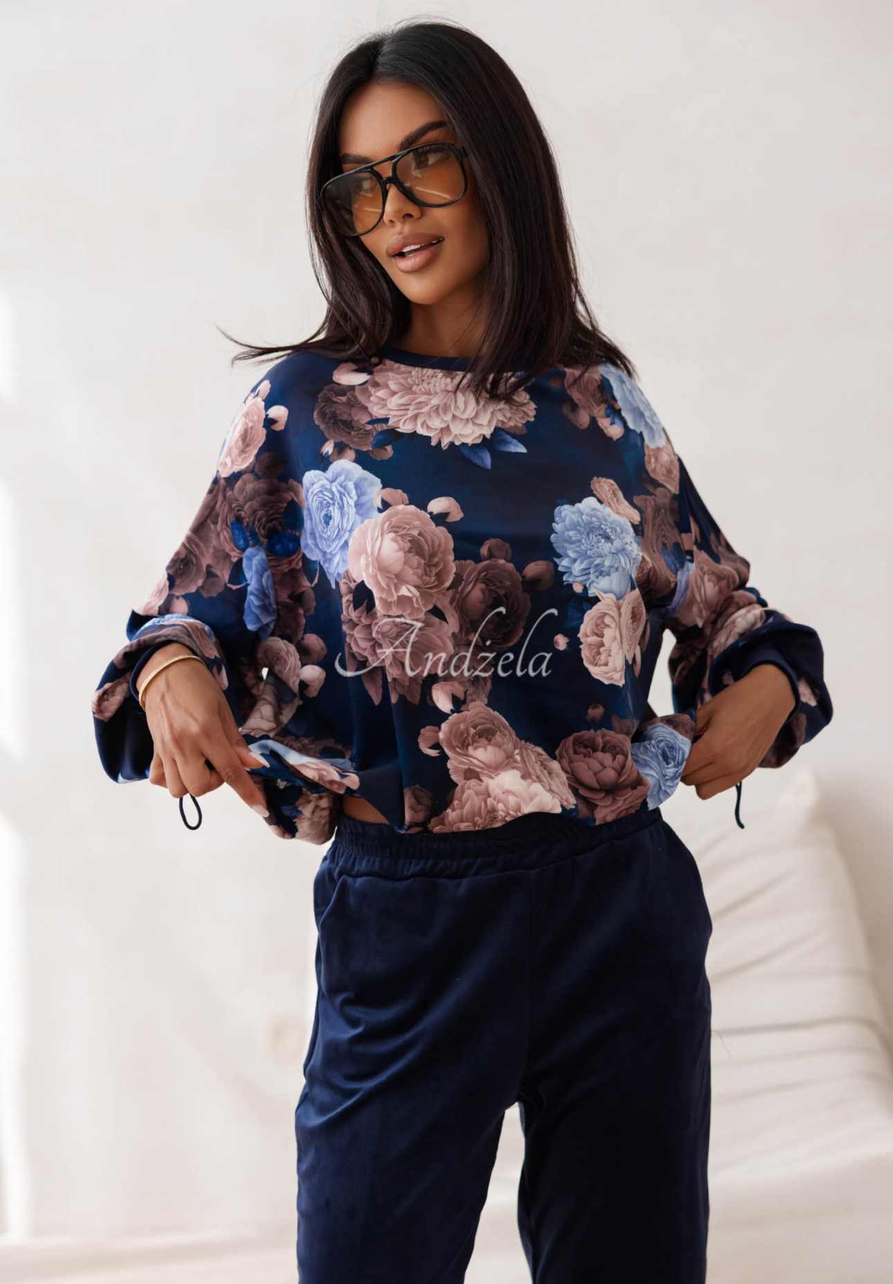 Velours-Trainingsanzug aus Baumwolle mit Blumenmuster Floral Kiss Dunkelblau
