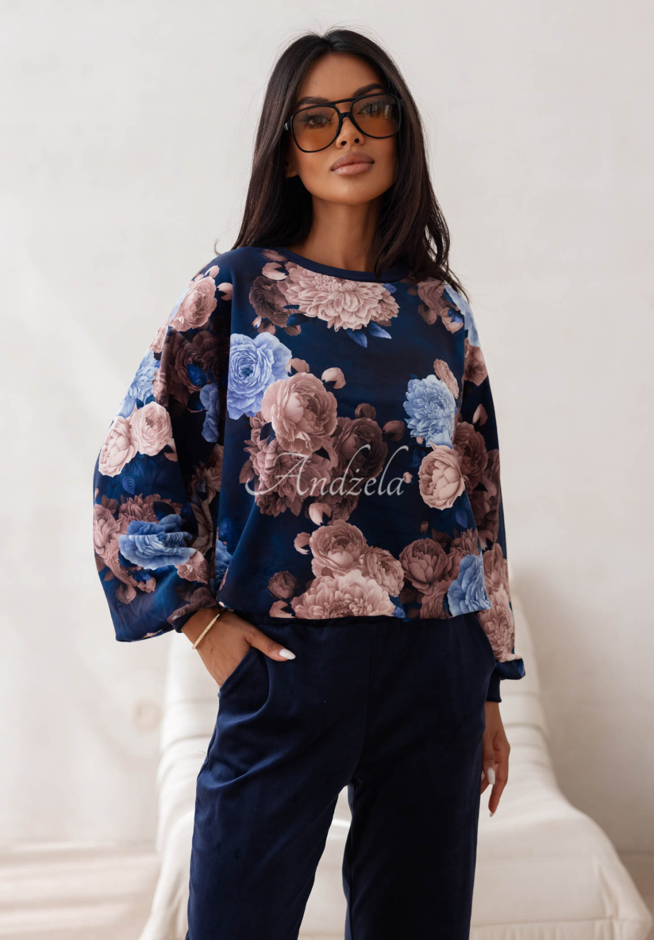 Velours-Trainingsanzug aus Baumwolle mit Blumenmuster Floral Kiss Dunkelblau
