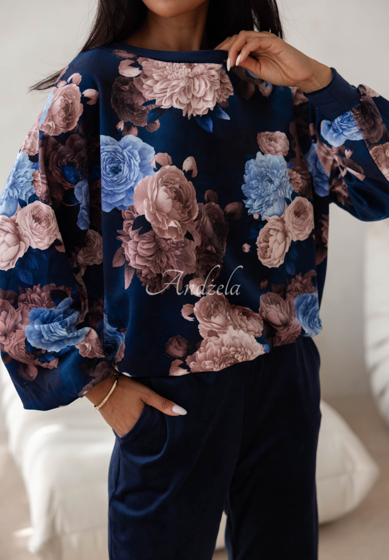 Velours-Trainingsanzug aus Baumwolle mit Blumenmuster Floral Kiss Dunkelblau