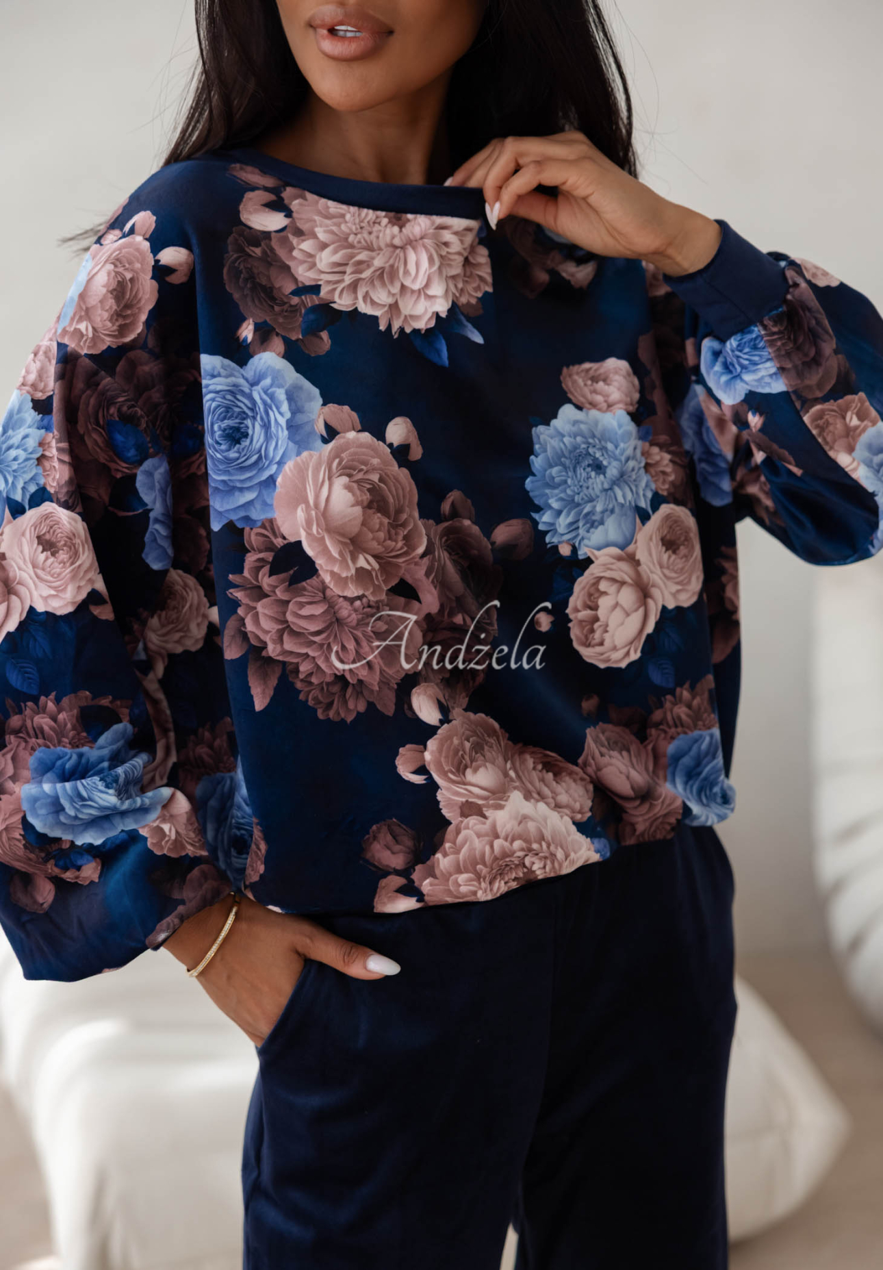 Velours-Trainingsanzug aus Baumwolle mit Blumenmuster Floral Kiss Dunkelblau