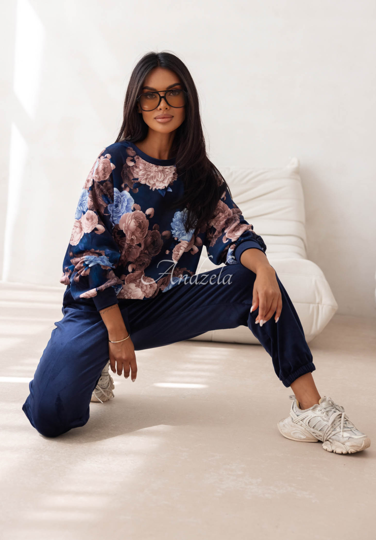 Velours-Trainingsanzug aus Baumwolle mit Blumenmuster Floral Kiss Dunkelblau