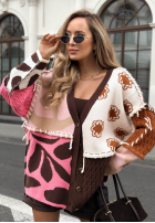 Wzorzysty Cardigan z łączonych tkanin Slow Down czekoladowo-Rosa