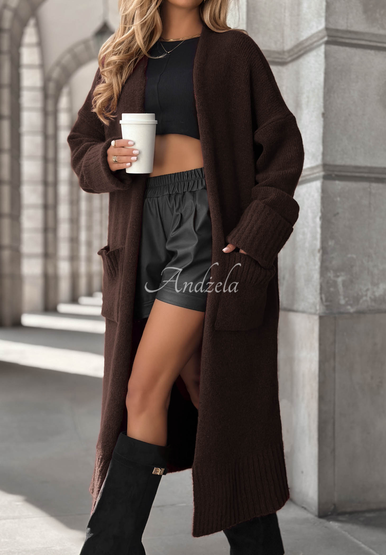 Lange oversized Strickjacke mit Taschen Marbelio Schokoladenbraun